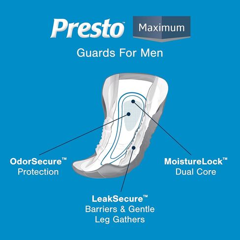 Presto Guards Incontinence Pads for Men, Maximum Absorbency, 12 Inches, 6 Bags of 30 Guards, 180 Count in Saudi Arabia