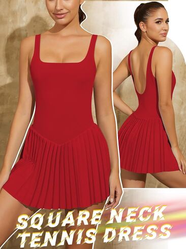 Womens Tennis Dress Square Neck Pleated Golf Athletic Dress Sleeveless Built in Shorts with Pocket Summer Workout in Saudi Arabia