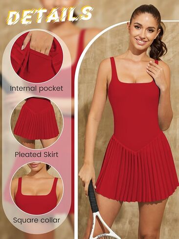Womens Tennis Dress Square Neck Pleated Golf Athletic Dress Sleeveless Built in Shorts with Pocket Summer Workout in Saudi Arabia