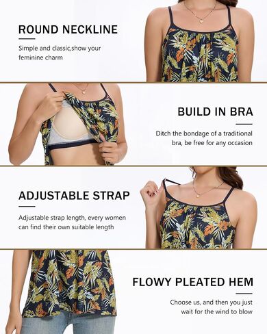 Vislivin Camisole for Women with Built in Bra Flowy Loose Fit Tanks Plead Cami with Adjustable Strap in Kuwait