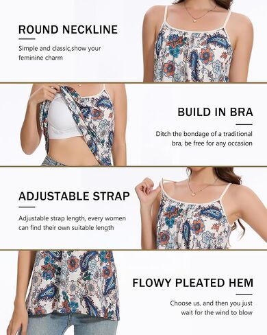 Vislivin Camisole for Women with Built in Bra Flowy Loose Fit Tanks Plead Cami with Adjustable Strap in Kuwait
