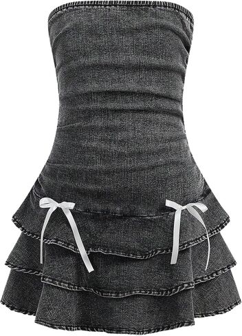 Floerns Girl's Ruched Strapless Tube Top Bowknot Denim Dress Cute Tiered Dress in Saudi Arabia