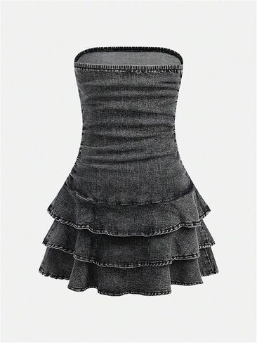 Floerns Girl's Ruched Strapless Tube Top Bowknot Denim Dress Cute Tiered Dress in Saudi Arabia