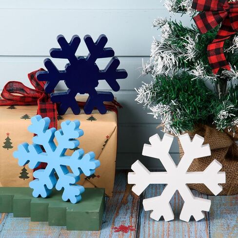 3 Pcs Winter Wooden Snowflake Decor Christmas Wood Snowflake Table Signs White Snowflake Wood Blocks Xmas Wooden Tiered Tray Decorations for Christmas Farmhouse Home Tabletop Shelf Decor,3 Styles in Saudi Arabia