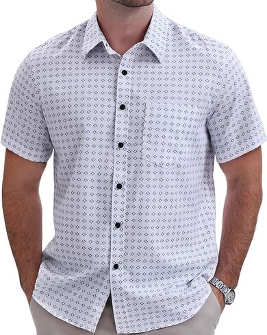 Mens Short Sleeve Casual Button Down Graphic Printed Shirt Summer Untucked Business Pattern Dress Shirts with Pocket in Kuwait