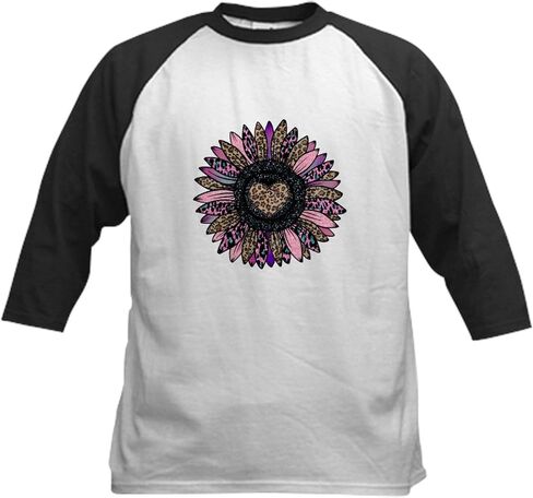 Cafepress Purple Pink Leopard Sunflower Baseball Jersey Kids Cotton Baseball Jersey ، 3/4 Raglan Sleeve Shirt in Saudi Arabia