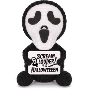 FunisFun Positive Halloween Doll, Cute Handmade Crochet Hockey Saw Scream Mask Dolls with Inspirational Card for Halloween Spooky Gifts Party Decor Cosplay (Hockey Mask) in Saudi Arabia