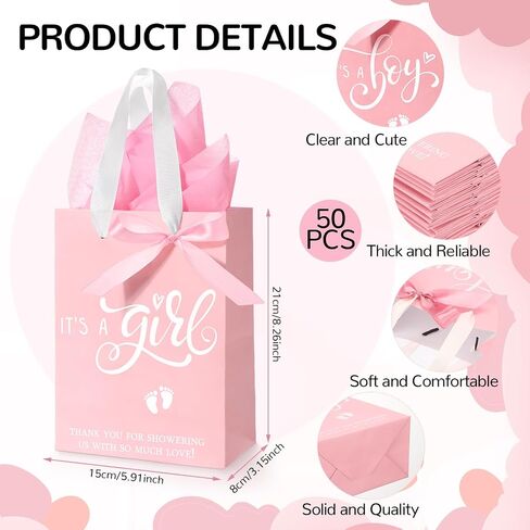 Qilery 50 Sets 8" Baby Boy Gift Bags with Tissue Paper It's a Boy Baby Shower Bag Blue with Handle Paper Gift for Guests Gender Reveal Party Favors in Saudi Arabia
