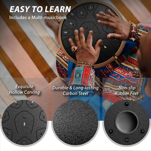 Steel Tongue Drum-QingShi 15 Notes 14 Inch Steel Drum Instrument for Adults, Steel Handpan Drums with Handpan Drum Mallet, Music Book and Carry Bag, C Major (Navy Blue) in Kuwait