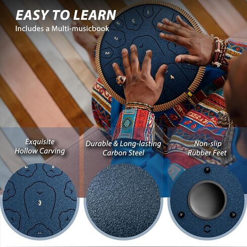 Steel Tongue Drum-QingShi 15 Notes 14 Inch Steel Drum Instrument for Adults, Steel Handpan Drums with Handpan Drum Mallet, Music Book and Carry Bag, C Major (Navy Blue) in Saudi Arabia