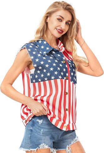 American Flag Vest for Women 4th of July Patriotic Tops Sleeveless Jacket Overalls USA Independence Day Oversized in Saudi Arabia