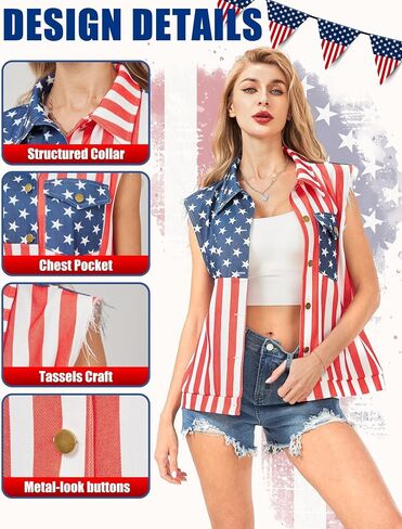 American Flag Vest for Women 4th of July Patriotic Tops Sleeveless Jacket Overalls USA Independence Day Oversized in Saudi Arabia