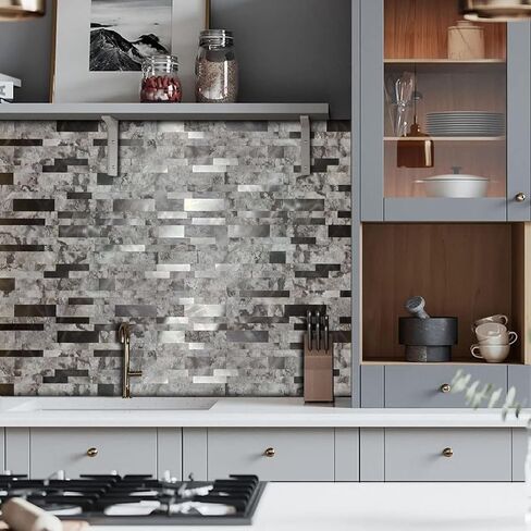 10-Sheet Peel and Stick Backsplash Tile, PVC Mixed Meta,l Stick on Kitchen, Bathroom Vanities, Fireplace Décor, Laundry Table(11.2" X 12.7") (10, Darken Coffee+Frosted Grey) in Saudi Arabia