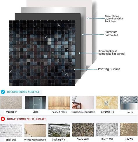 Xuaniny Peel and Stick Backsplash Philes للمطبخ والحمام والمدفأة والفسيفساء المصنوعة من الألومنيوم المعدنية (12 "x12") (10 ، لون الحبر) in Kuwait