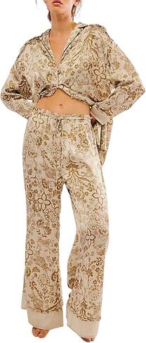 Yimoon Womens Satin Pajama Set Floral Silk Pajamas 2 Piece Cute Long Sleeve Button Down Pjs Sleepwear Lounge Set in Kuwait