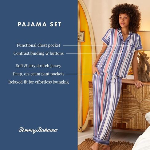 Tommy Bahama - مجموعة بيجاما للسيدات ، زر ذي طوق من الدرجة القصير لأسفل مع السراويل الطويلة للنوم أو الصالة in Saudi Arabia