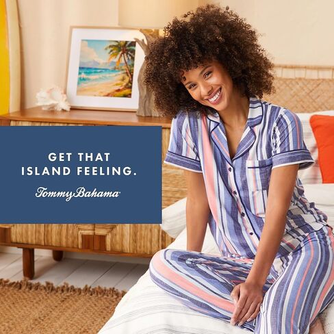 Tommy Bahama - مجموعة بيجاما للسيدات ، زر ذي طوق من الدرجة القصير لأسفل مع السراويل الطويلة للنوم أو الصالة in Saudi Arabia