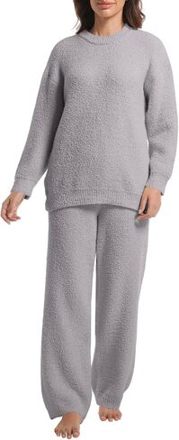 2 Piece Fleece Pajamas for Women Set Loungewear Outfits Knit Sweater Womens Long Sleeve Fuzzy Pajama Sets in Kuwait