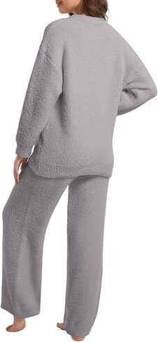 2 Piece Fleece Pajamas for Women Set Loungewear Outfits Knit Sweater Womens Long Sleeve Fuzzy Pajama Sets in Kuwait