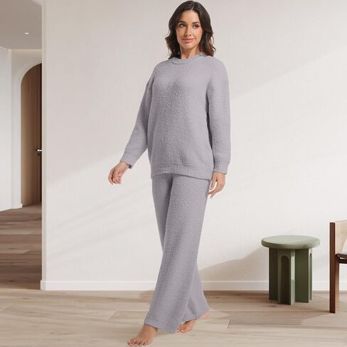2 Piece Fleece Pajamas for Women Set Loungewear Outfits Knit Sweater Womens Long Sleeve Fuzzy Pajama Sets in Kuwait