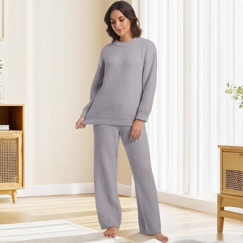 2 Piece Fleece Pajamas for Women Set Loungewear Outfits Knit Sweater Womens Long Sleeve Fuzzy Pajama Sets in Kuwait
