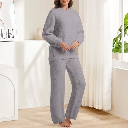 2 Piece Fleece Pajamas for Women Set Loungewear Outfits Knit Sweater Womens Long Sleeve Fuzzy Pajama Sets in Kuwait