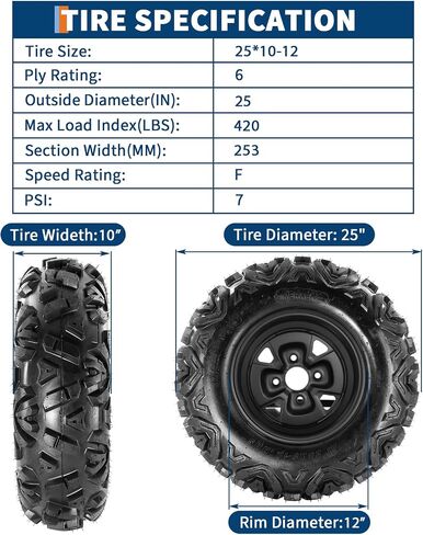 إطارات وعجلات من 25x10-12 ATV (حزمة 2) ، جميع التضاريس 6 طابق لإطارات TRAIN SAND SAND UTV/ATV مع عجلات SANDERS 4x110 PCD و 4+3-الجدران الجانبية المعززة in Kuwait