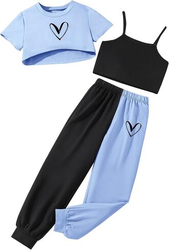 Girls' Summer 3 Pieces Outfits Graphic Crop Top and Camisole with Sweatpants Set in Saudi Arabia