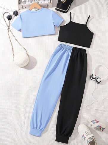 Girls' Summer 3 Pieces Outfits Graphic Crop Top and Camisole with Sweatpants Set in Saudi Arabia