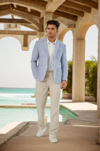 Seersucker Mens Suit Jacket Slim Fit Striped Tuxedos Jacket Light Weight Sport Coat Summer Blazer for Men Wedding Prom in Saudi Arabia