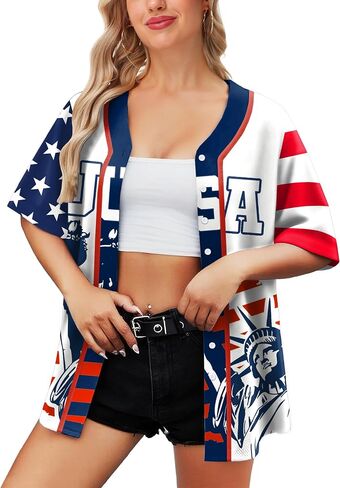 Aobute Men Women American Flag Baseball Jersey 4th من يوليو قمصان قصيرة الأكمام in Kuwait