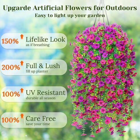 Dolicer 2 Pcs Look Real Artificial Flowers for Outdoors, Realistic Fake Artificial Hanging Flowers for Outdoors UV Resistant Silk Faux Hanging Plants Flowers for Porch Patio Garden (Purple+Fuchsia) in Saudi Arabia