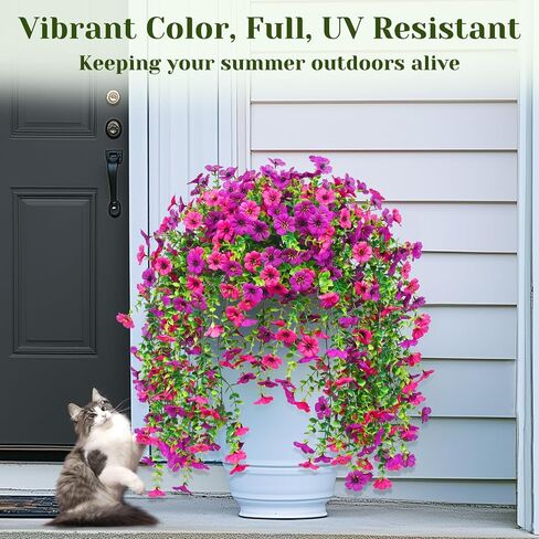 Dolicer 2 Pcs Look Real Artificial Flowers for Outdoors, Realistic Fake Artificial Hanging Flowers for Outdoors UV Resistant Silk Faux Hanging Plants Flowers for Porch Patio Garden (Purple+Fuchsia) in Saudi Arabia