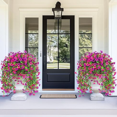 Dolicer 2 Pcs Look Real Artificial Flowers for Outdoors, Realistic Fake Artificial Hanging Flowers for Outdoors UV Resistant Silk Faux Hanging Plants Flowers for Porch Patio Garden (Purple+Fuchsia) in Saudi Arabia