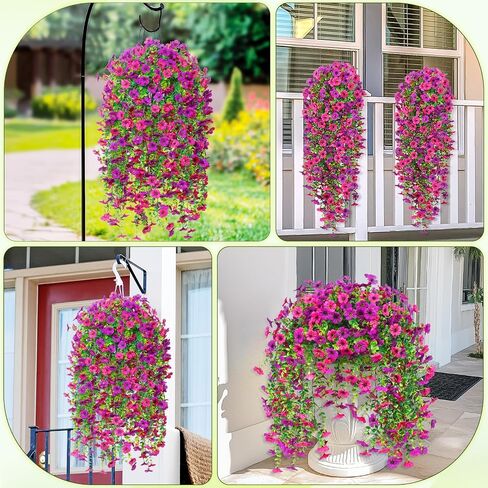 Dolicer 2 Pcs Look Real Artificial Flowers for Outdoors, Realistic Fake Artificial Hanging Flowers for Outdoors UV Resistant Silk Faux Hanging Plants Flowers for Porch Patio Garden (Purple+Fuchsia) in Saudi Arabia