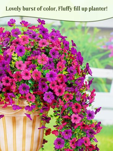 Dolicer 2 Pcs Look Real Artificial Flowers for Outdoors, Realistic Fake Artificial Hanging Flowers for Outdoors UV Resistant Silk Faux Hanging Plants Flowers for Porch Patio Garden (Purple+Fuchsia) in Saudi Arabia