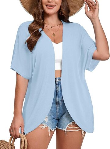 AusLook Women's Plus Size Short Sleeve Shawls and Wraps Lightweight Open Front Cardigan Cover Ups Shrugs Kimonos Jacket Coat in Saudi Arabia