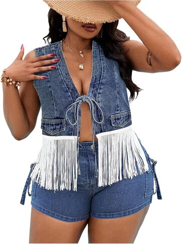 Oyoangle Women’s Plus Fringe Trim Tie Tie Tie Stat Tank Top Olcylespress Open Front Jean Tops in Kuwait