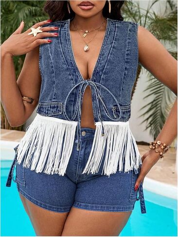 Oyoangle Women’s Plus Fringe Trim Tie Tie Tie Stat Tank Top Olcylespress Open Front Jean Tops in Kuwait