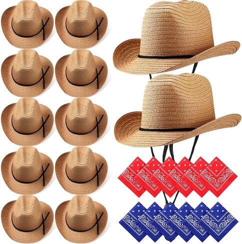 SATINIOR 12 Set Straw Cowboy Caps and Bandanas Cowboy Party cap Costume Head Bandana Bulk Western Accessories(Khaki, Classic Style) in Saudi Arabia