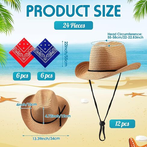 SATINIOR 12 Set Straw Cowboy Caps and Bandanas Cowboy Party cap Costume Head Bandana Bulk Western Accessories(Khaki, Classic Style) in Saudi Arabia