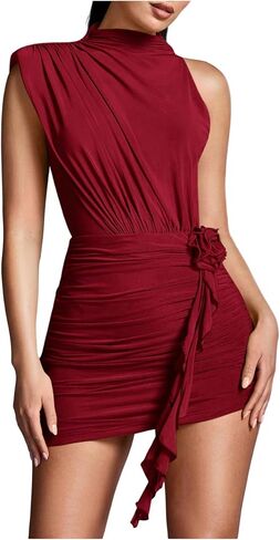 GORGLITTER Women's Flower Asymmetrical Bodycon Mini Dress Mesh Mock Neck Sleeveless Summer Cute Cocktail Prom Dresses in Saudi Arabia