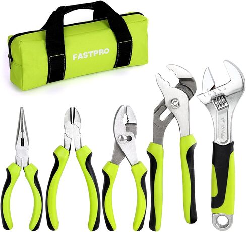 FASTPRO 5-Piece Pink Utility Pliers Set with Storage Bag, Includes Groove Joint Pliers, Diagonal Pliers, Adjustable Wrench, Long Nose Pliers, Slip Joint Pliers in Saudi Arabia