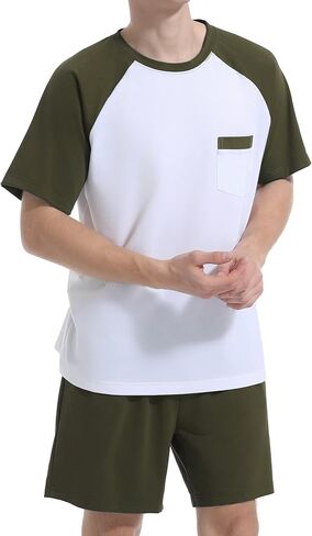 Mens Pajamas Set Short Sleeve Top & Bottom PJS Soft Sleepwear 2 Pieces Lounge Set with Pocket in Kuwait
