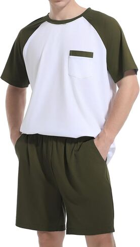 Mens Pajamas Set Short Sleeve Top & Bottom PJS Soft Sleepwear 2 Pieces Lounge Set with Pocket in Kuwait