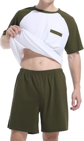 Mens Pajamas Set Short Sleeve Top & Bottom PJS Soft Sleepwear 2 Pieces Lounge Set with Pocket in Kuwait