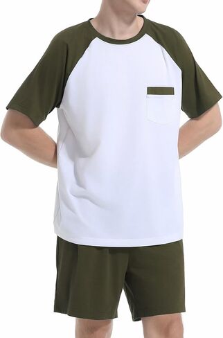 Mens Pajamas Set Short Sleeve Top & Bottom PJS Soft Sleepwear 2 Pieces Lounge Set with Pocket in Kuwait