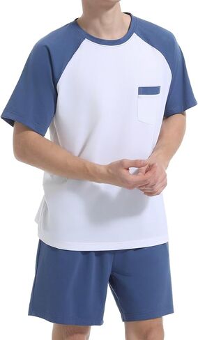 Mens Pajamas Set Short Sleeve Top & Bottom PJS Soft Sleepwear 2 Pieces Lounge Set with Pocket in Kuwait
