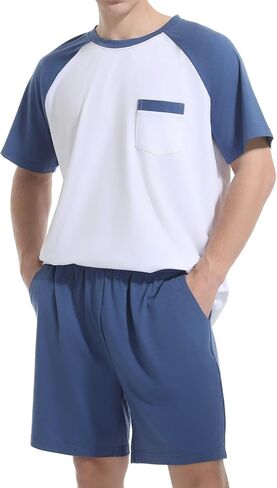 Mens Pajamas Set Short Sleeve Top & Bottom PJS Soft Sleepwear 2 Pieces Lounge Set with Pocket in Kuwait