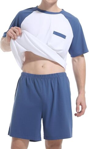 Mens Pajamas Set Short Sleeve Top & Bottom PJS Soft Sleepwear 2 Pieces Lounge Set with Pocket in Kuwait